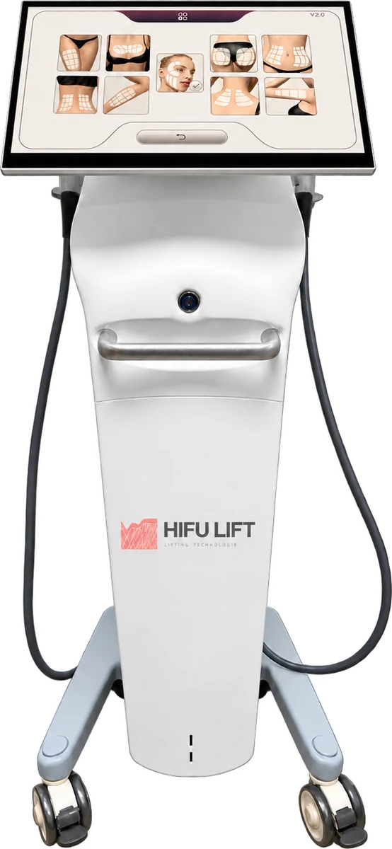 Appareil HIFU LIFT vu de face : écran affichant les zones de traitement, deux pièces à main reliées par câble, console blanche sur roulettes