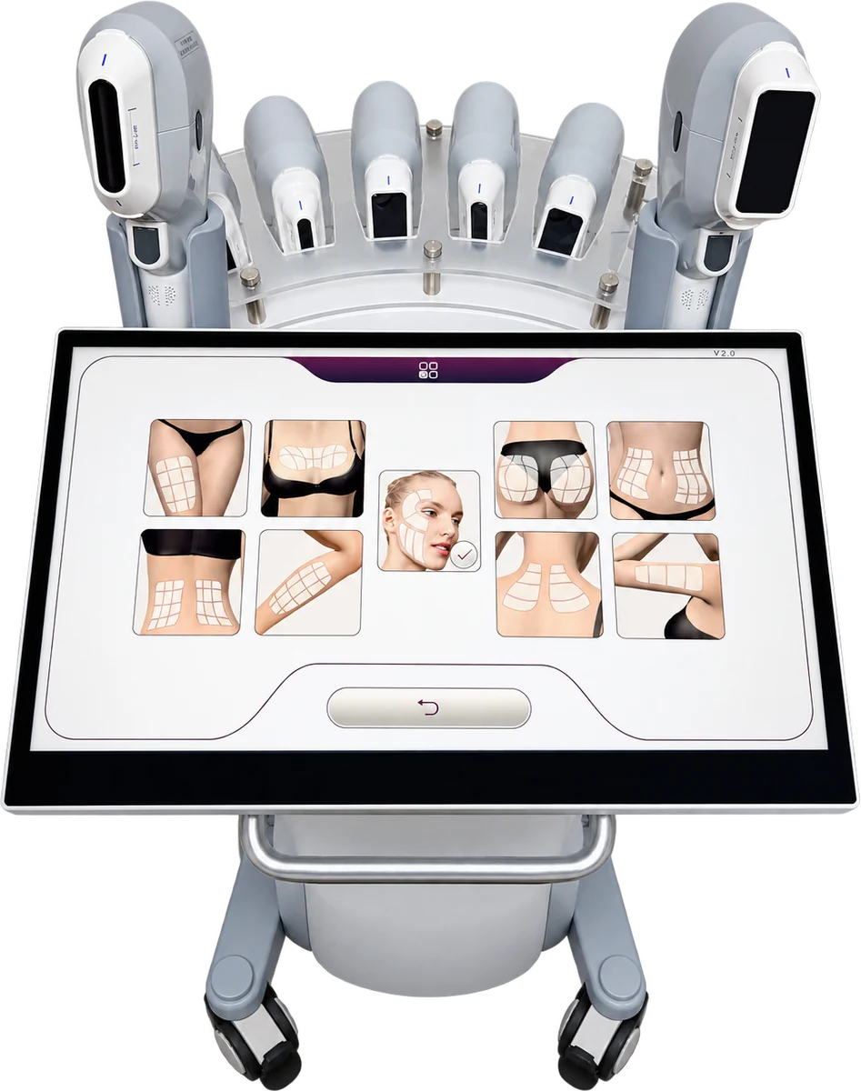Console HIFU LIFT vue de face, écran des zones, support de cartouches